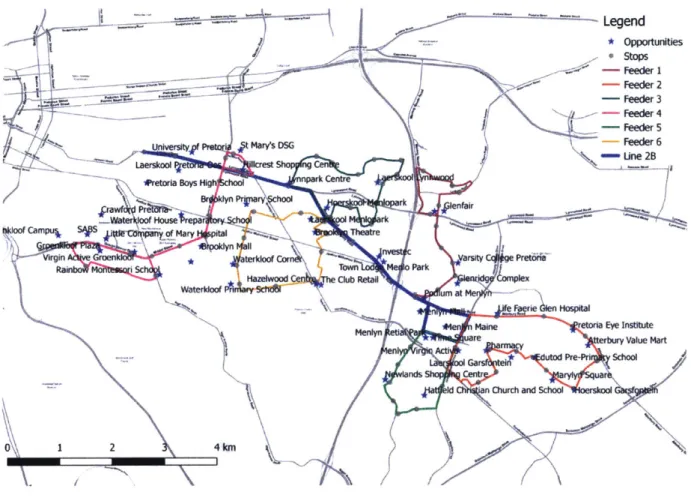 Figure 4: Map of hypothetical  feeder  routes and places of interest in context