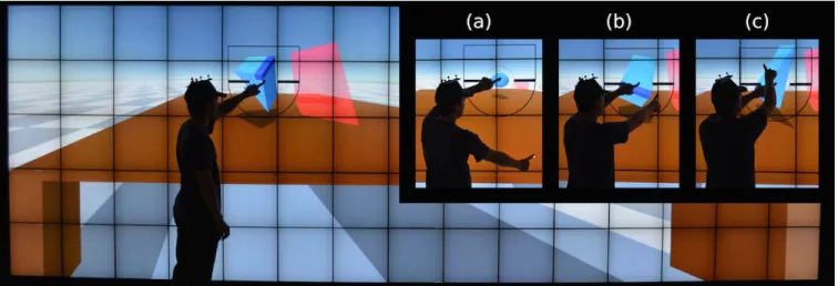 Figure 1: 6 degrees of freedom manipulation of a 3D object on a multi-touch wall-sized display combining bimanual interaction and teleportation