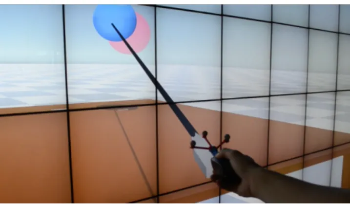 Figure 3: For the virtual ray technique, the ray is co-located with the wireless mouse held by the user.
