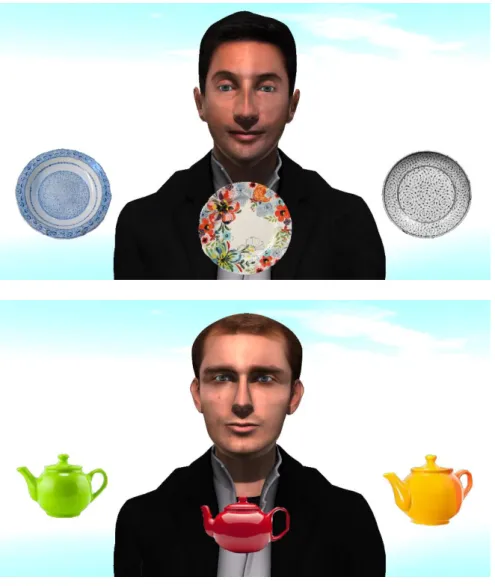 Figure 1: Snapshots of the virtual scenes presented to the participants. Each scene displayed an avatar surrounded by three  objects