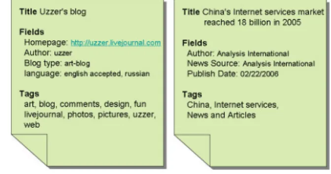 Figure 1 shows two example data units that describe different types of information. To illustrate, the left data item describes the blog of uzzer