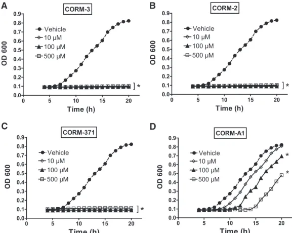 FIG. 3. Effect of CO-RMs on Pseudomonas aeruginosa growth. Bacterial growth was followed for 20 h after treatment with CO-RMs (10, 100 and 500 l M) or vehicle and was assessed by measuring spectrophotometrically the optical density at 600 nm