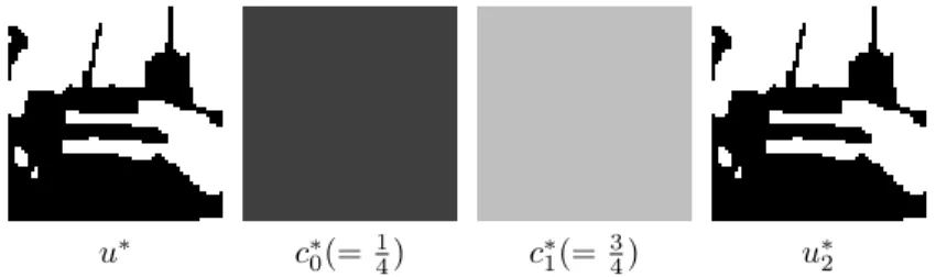 Fig. 6.7 . Solution obtained with the full convex model (u ∗ , c ∗ 0 , c ∗ 1 ). The image u ∗ 2 denotes the solution obtained when fixing c 0 = 1 4 and c 1 = 34 