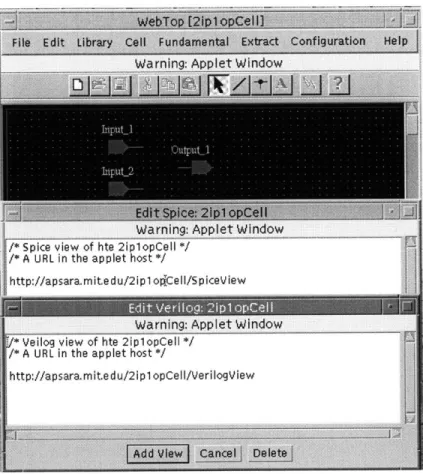 Figure  3-4:  A  2  input  1 output  prototype  cell  with  Verilog  and  Spice  views