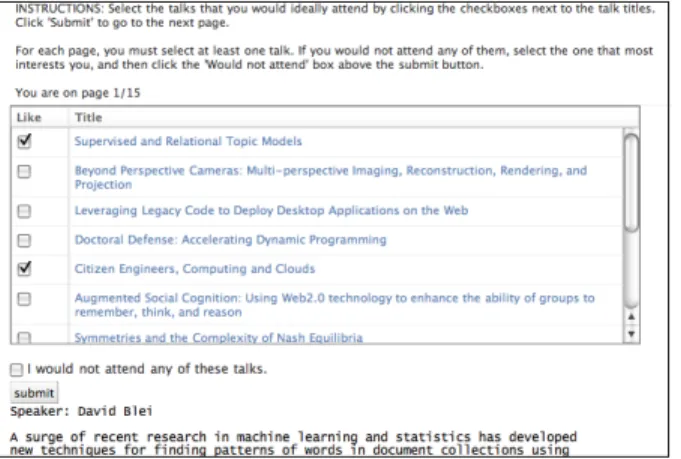 Figure 1: User interface for collecting forced-choice seminar preferences.