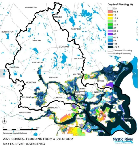 Figure 3: The Mystic River Watershed with projected flood depths (in feet) for 1 in 500-year storm (source: MyRWA,  2020) 