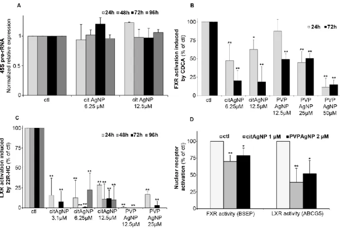 Fig. 3 Impact of AgNP exposure on 45S pre-rRNA expression and FXR and LXR activity. (A) variation of 45S pre- pre-rRNA expression levels in HepG2 cells exposed to 6.25 or 12.5 µM cit-AgNPs for 24, 48, 72 or 96 hours