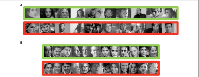 FIGURE A1 | Example of famous faces (green) and unknown faces (red) for experiment 1 in (A) and experiment 2 in (B).
