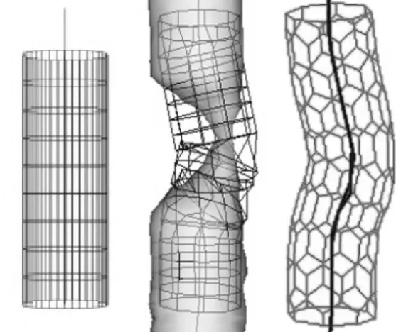 Fig. 3. Simulation of stent inser- inser-tion and deployment using a  simpli-fied geometrical model: a contracted stent is placed along a catheter and guided until the delivery location (left), once expanded the stent  be-comes shorter (right).
