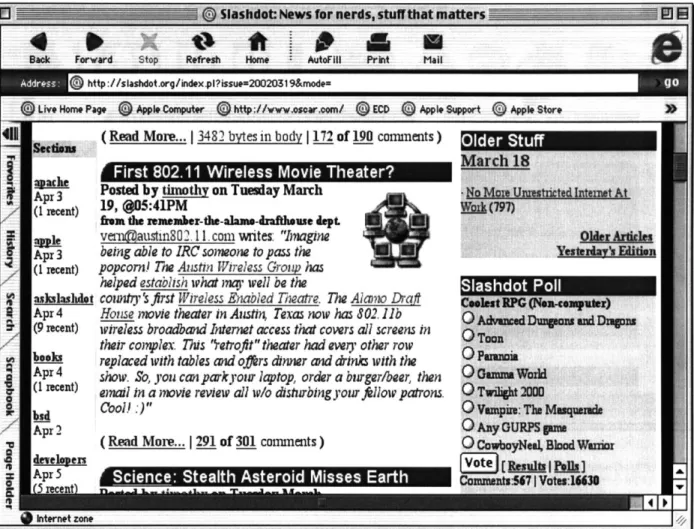 Figure 2.  Screen shot of &#34;First 802.11  wireless movie theater?&#34; story, posted to  Slashdot March, 19,2002.