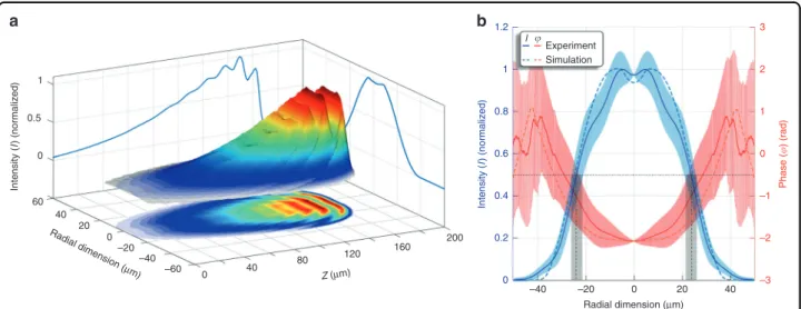 Fig. 4 Spatio-temporal intensity pro ﬁ le of the ampli ﬁ ed HHG pulse and comparison with experiment