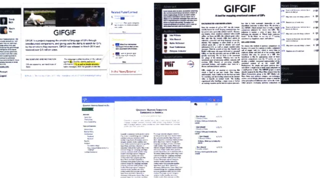 Figure  3-1:  Early  mockups  of PubPub.  The  unifying theme  of contextual  discussions alongside  the  body  of the  article  remains  in  all  iterations  of  PubPub.