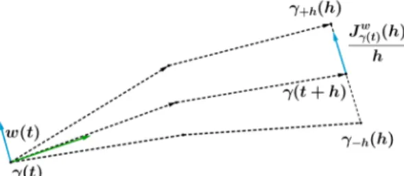 Fig. 1: Step of the parallel transport of the vector w (blue arrow) along the geodesic γ