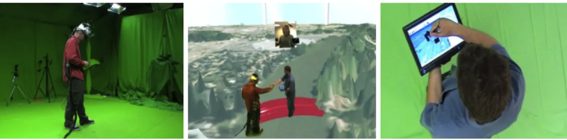 Figure 1: Left: user at Grenoble wearing an HMD in the 3D modeling studio. Middle: all users meet in the virtual environment