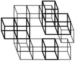 Fig. 2. An object made of 14 voxels, and in which one counts 48 different cliques, some overlapping some others