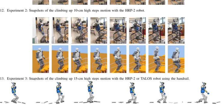 Fig. 13. Experiment 3: Snapshots of the climbing up 15-cm high steps motion with the HRP-2 or TALOS robot using the handrail.