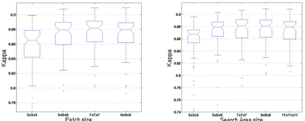 Figure 1: Dice Kappa values according to the patch size (left) and the search area size (right)