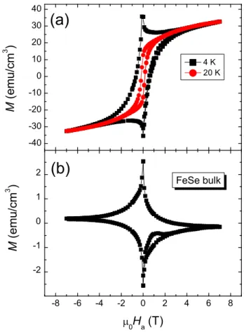 FIG. 1. (a) Magnetization hysteresis loops (MHLs) of a polycrystalline FeSe (initial composition Fe:Se=1:1.05) sample at 4.2 K (■) and 20 K (●)