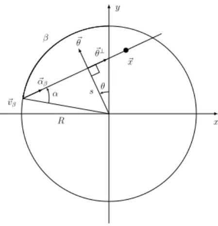 Fig. 1. The fan-beam projection geometry. The source is at ~v β and the trajec- trajec-tory radius is R