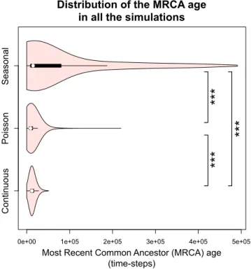 Figure 1: Distribution of the Most Recent Common An- An-cestor age in all the simulations