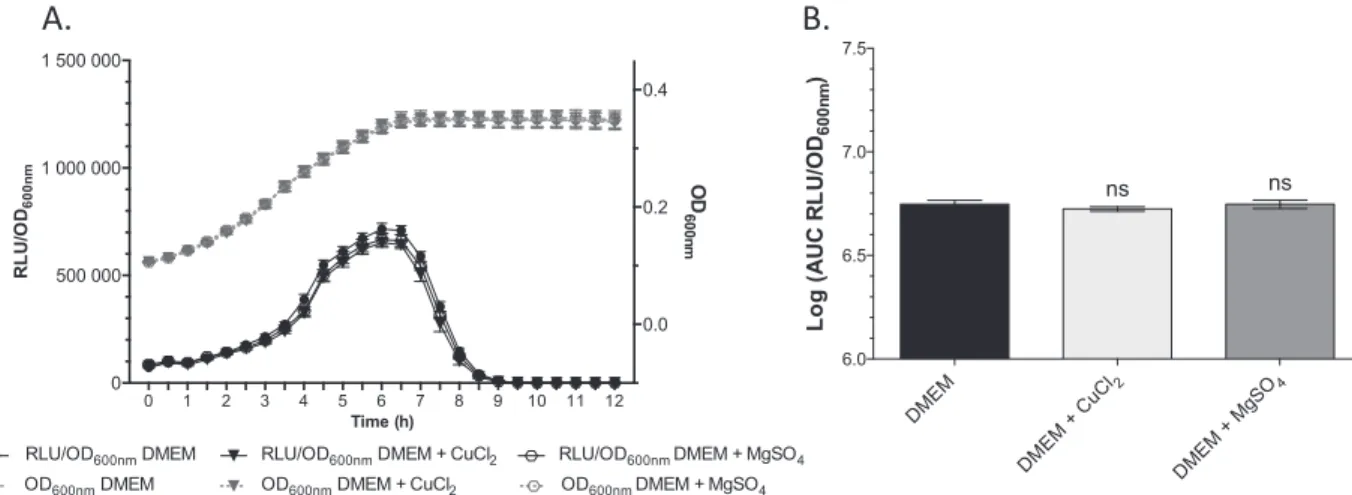 FIG 2 The transcription of clbA is not modulated by Cu 2⫹ or Mg 2⫹ . Growth curves (OD 600 ) and the RLU/OD 600 of E