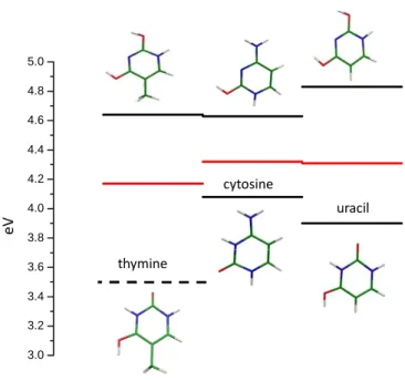 Figure  6 :  Experimental  energies  of  the  electronic  transitions  for  the  different  tautomeric  structures  of  the  protonated  monomers (in black) and electronic transitions of the protonated homo-dimers (in red)