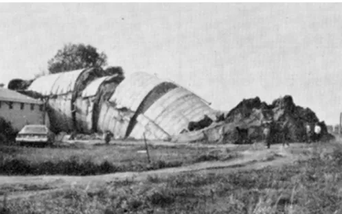 Figure 4. Rupture d'un silo d'une capacité de 2500 tonnes endommageant les granges voisines.