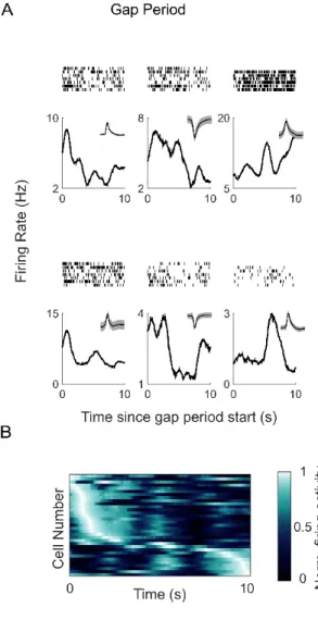 Figure  4. A) Hippocampal neurons are modulated by time  during the gap periods. Raster plots (top) and post-stimulus  time histograms (bottom) are shown for 6 example time cells