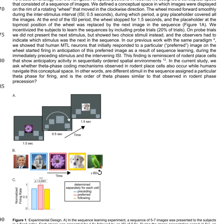 Figure 1: Experimental Design. A) In the sequence learning experiment, a sequence of 5-7 images was presented to the subjects 