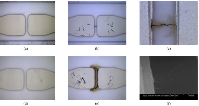 Figure 3: Pictures of some of the test samples, before the test (a) and (d), and after (b) and (e) respectively