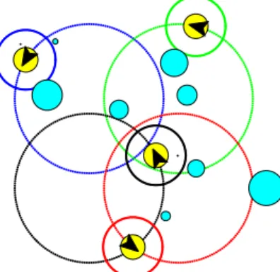 Fig. 1: Four robots (yellow-filled circles) performing a persistent task where their paths produce many collision zones