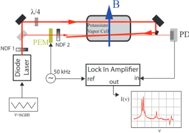 Figure 2 schematically depicts our apparatus. We inserted one of three cylindrical sealed glass cells containing potassium and helium buffer gas at three different pressures into the path of two counterpropagating circularly polarized beams from a Toptica 