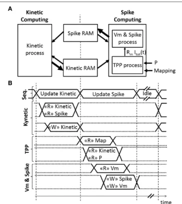 FIGURE 3 | Architecture of the Spiking Neural Network (SNN) implemented on an FPGA. (A) Spatial and (B) temporal SNN