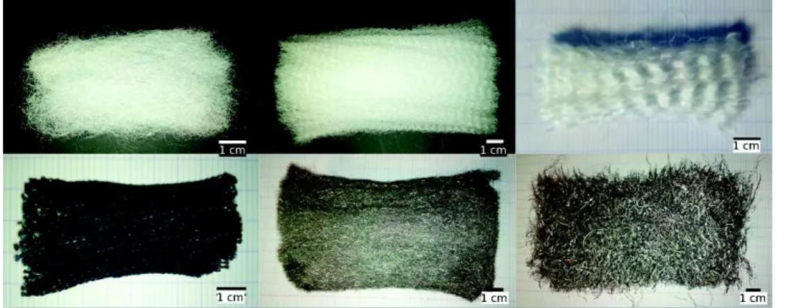 Figure 3.4 – Photographies des empilements de fibres. De gauche à droite et de haut en bas : PP1, PP2, PP3, DEN, FE1 et FE2