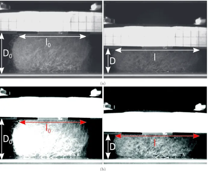 Figure 3.6 – (a) Photographies d’une expérience de compression. (b) Mêmes photographies mais avec un contraste plus grand pour la version papier.