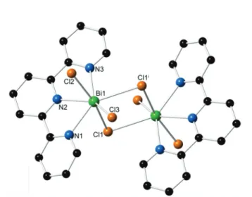 Fig. 4 Illustration of the dimeric units in 3. Green, orange, blue, and black spheres represent bismuth, chlorine, nitrogen, and carbon atoms, respectively