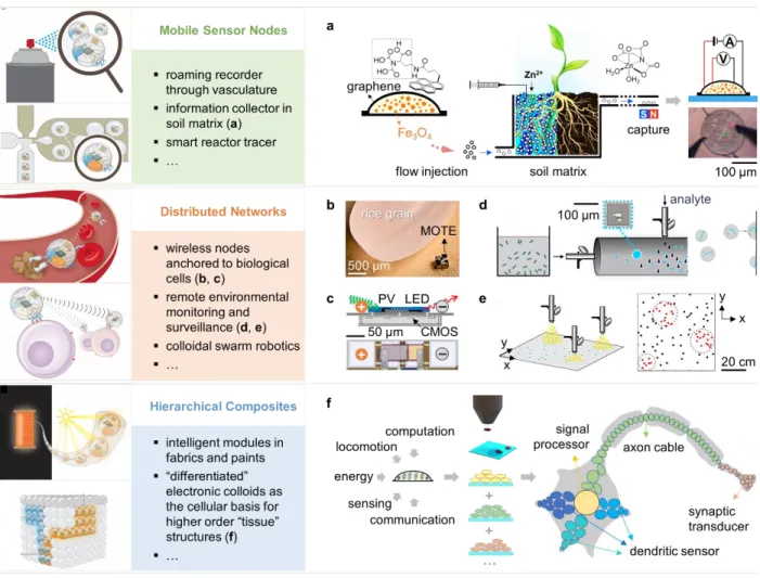 Figure 1-9. Demonstrated and potential applications for Colloidal State Machines. (a) Schematic  illustration  of  the  deployment  of  surface-functionalized  colloidal  electronic  microparticles  as  chemical probes to detect and record the presence of 