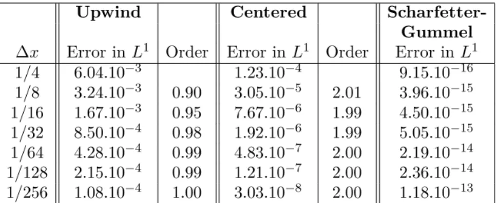 Table 1. Error in L 1 and experimental order of convergence between the steady state of the scheme and the real steady state.