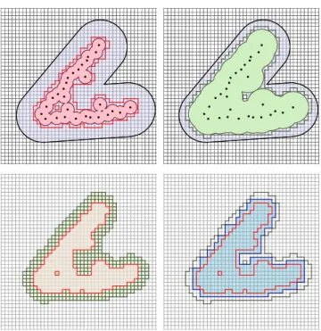 Figure 3: Left: the cubical set (in pink) is nested between two offsets (in light purple) of the V-shaped black curve and is a faithful reconstruction of it.