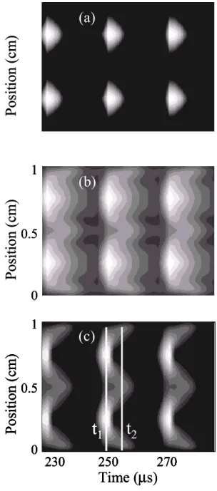 FIGURE  5:  Calculated  (a)  electron  density,  (b)  ion  density,  and  (c)  ionization  rate,  in  the  conditions of Fig