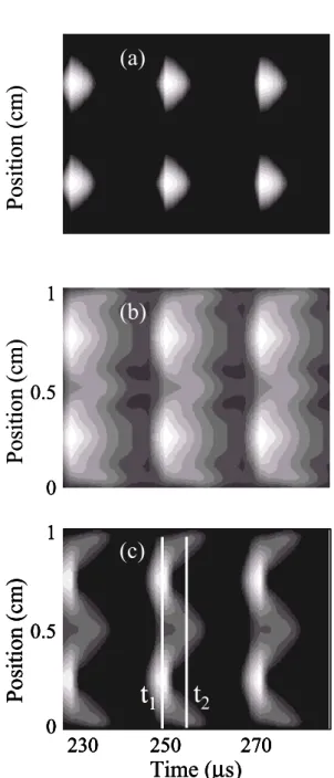 FIGURE 5: Calculated (a) electron density, (b) ion density, and (c) ionization rate, in the conditions of Fig
