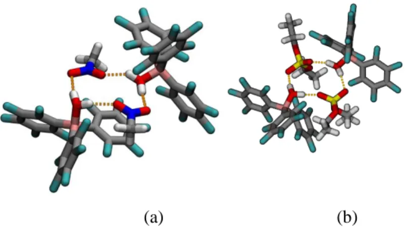 Figure 1.7. (a) Complex of B(C 6 F 5 ) 3 ·H 2 O and nitromethane. (b) Complex of B(C 6 F 5 ) 3 ·H 2 O and  diethylsulfate