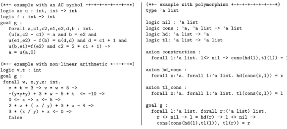 Figure 2: Three examples written in Alt-Ergo’s native input language