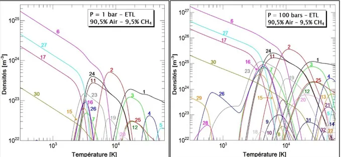 Figure 1. : Compositions chimiques du mélange air/méthane à la combustion complète pour  deux valeurs de la pression