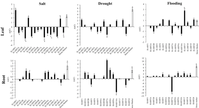 Fig 3. SlARFs gene expression under salt, drought and flooding conditions. Values are mean ± SD of three biological replicates