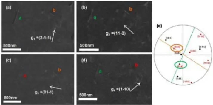 Figure  2.  Micrographs of  dislocations 1 and 2 observed  with (a) g 1 = (1-10), (b) -g 1 = (-110), (c) g 3 = (2-1-1) and (d)  -g 3 =(-211)