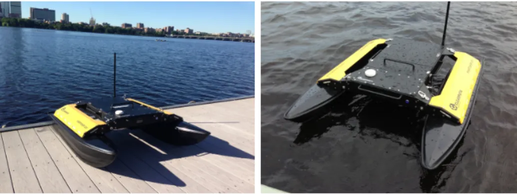 Figure 2-4: The Clearpath M200 autonomous marine vehicle is a catamaran, water jet driven design used for testing on the Charles River.