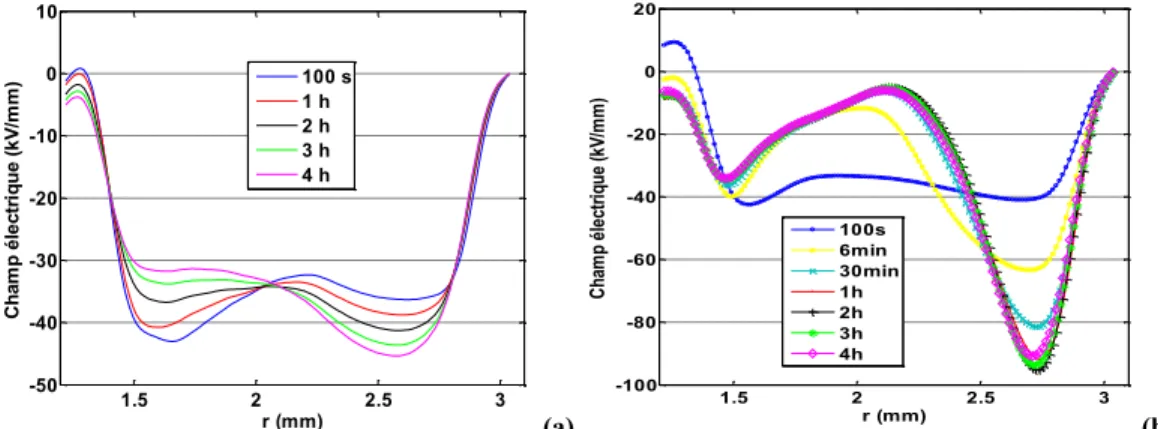 Fig. 3. Space charge density patterns corresponding to field profiles shown in Fig. 1