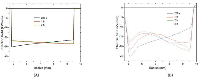 Fig. 4. Field distributions at different times for an MV cable under -80 kV and temperature gradient of ΔT=16°C