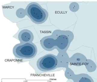 Figure 2.  Visualisation fine de la densité de nuisances, zoom sur l’Ouest Lyonnais (cadre de la figure 1)